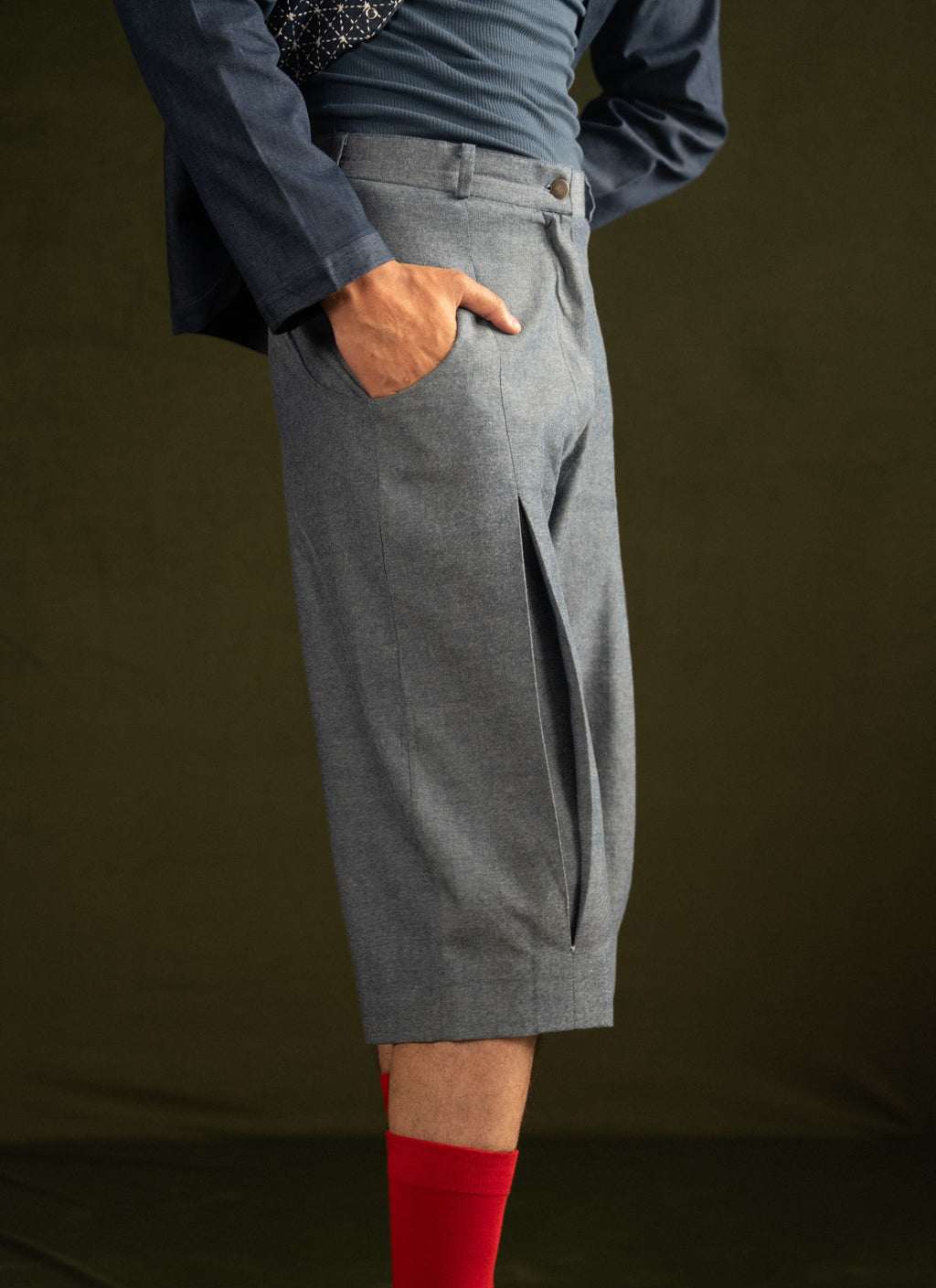 Pleated Denim Jorts. (Unisex)