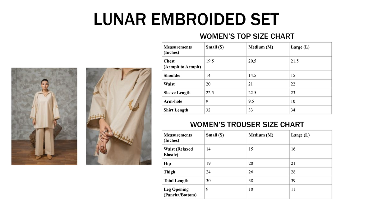 Lunar Embroider Set size chart