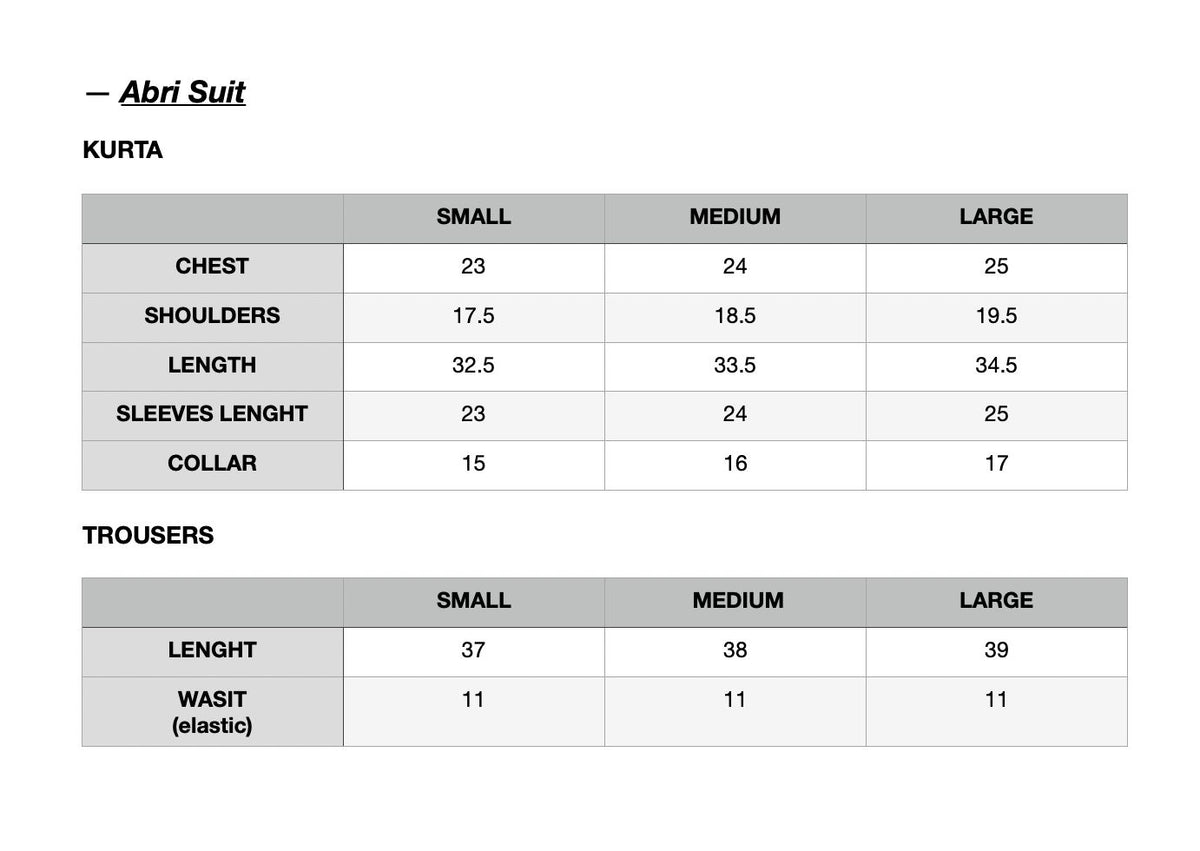 Abri Suit size chart